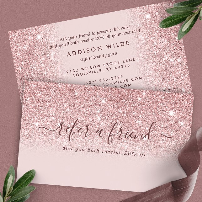 Signature Script Blush Pink Glitter Modern Girly Referral Card (Creator Uploaded)