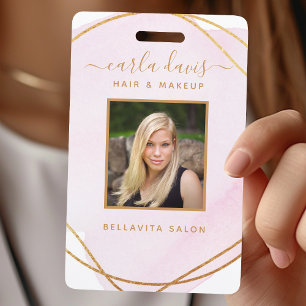 Signature Script Blush Pink Watercolor Gold Circle ID Badge