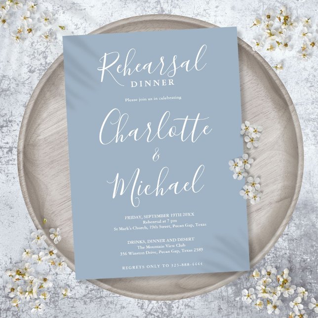 Signature Script Dusty Blue Rehearsal Dinner Invitation (Signature Script Dusty Blue Rehearsal Dinner Invitation)