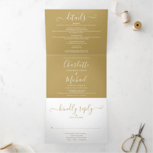 Signature Script Elegant Gold Photo Wedding Tri-Fold Invitation