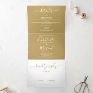 Signature Script Elegant Gold Photo Wedding Tri-Fold Invitation