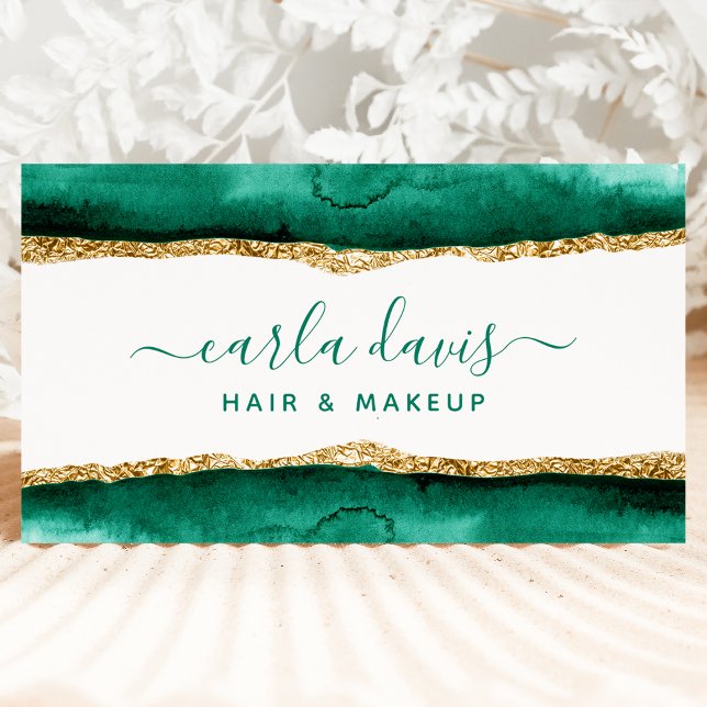 Signature Script Emerald Green Gold Watercolor QR Business Card (Creator Uploaded)