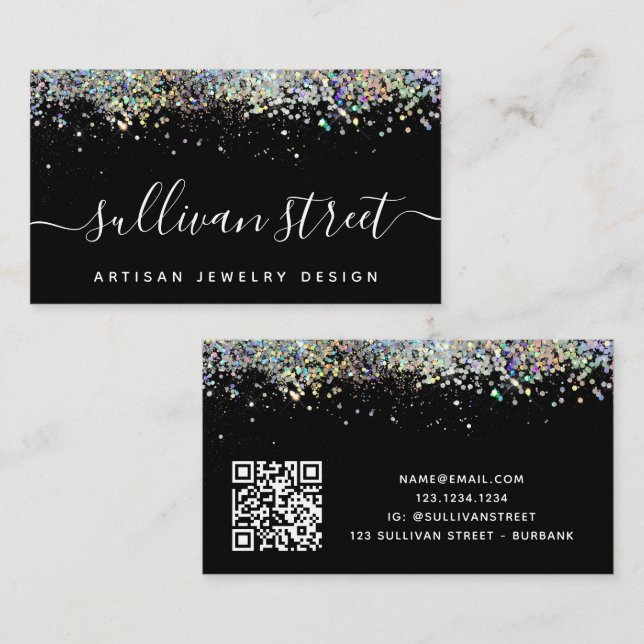 Signature Script Glitter Glam QR Code Business Card (Front/Back)