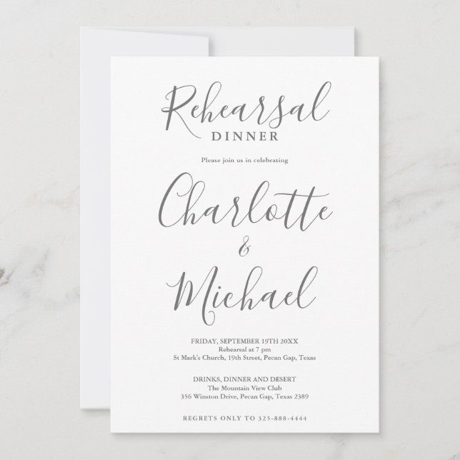 Signature Script Gray And White Rehearsal Dinner Invitation (Front)
