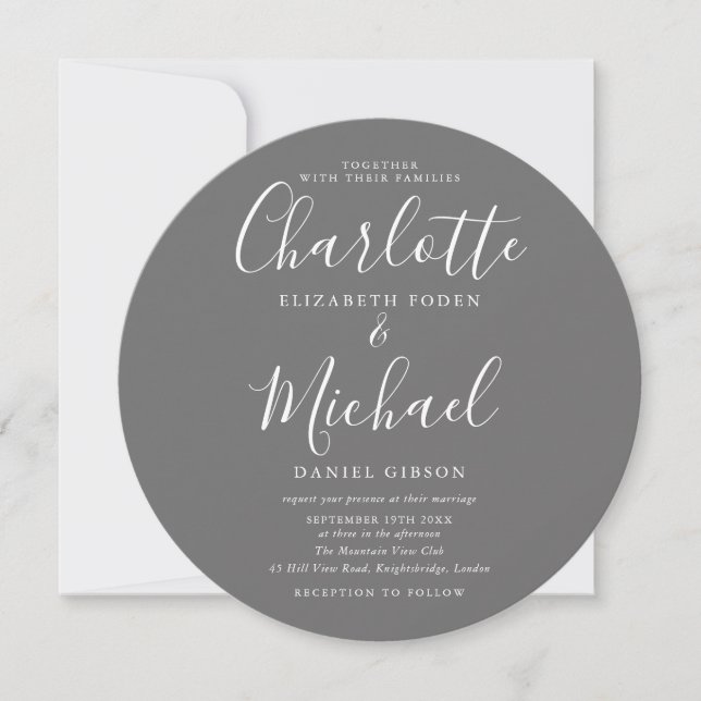Signature Script Grey Circular Photo Wedding Invitation (Front)