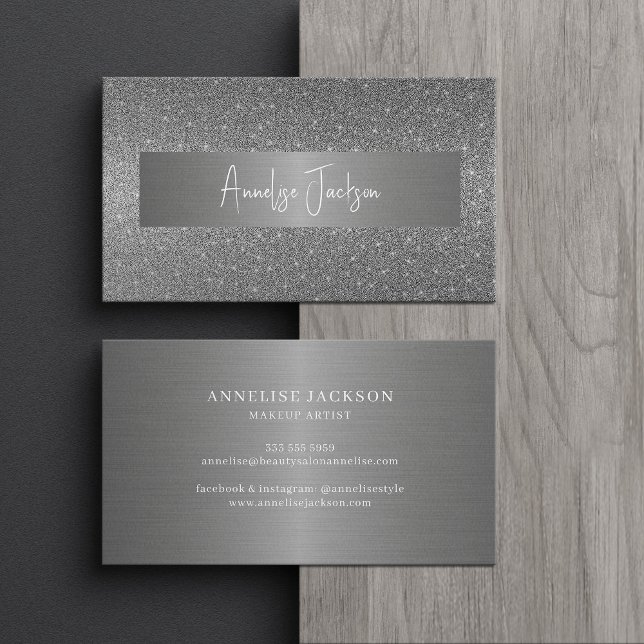 Signature script modern glam silver glitter business card (Creator Uploaded)