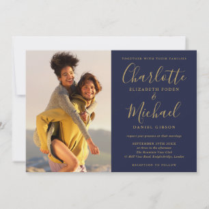 Signature Script Photo Navy Blue And Gold Wedding Invitation