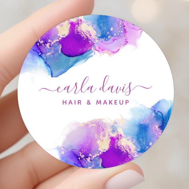 Signature Script Purple Blue Alcohol Ink Classic Round Sticker (Creator Uploaded)
