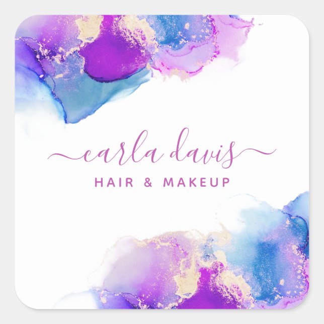 Signature Script Purple Blue Alcohol Ink Square Sticker (Front)
