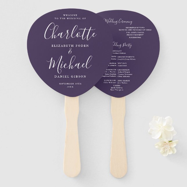 Signature Script Purple Wedding Program Hand Fan (Front and Back)