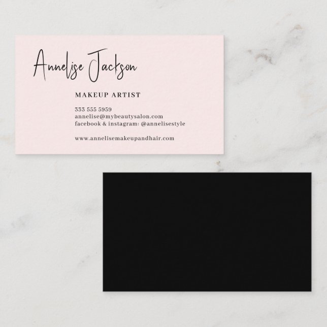 Signature script simple blush pink makeup artist business card (Front/Back)