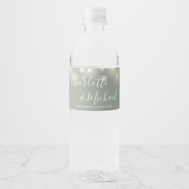 Signature Script String Lights Sage Green Wedding Water Bottle Label (Front)
