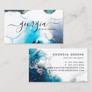 Signature Script Watercolor Blue Silver Marble Business Card