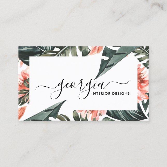 Signature Script Watercolor Tropical Greenery Business Card (Front)