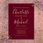 Signature Script Wedding Burgundy And Gold<br><div class="desc">Featuring real gold foil and signature style names,  this elegant wedding invitation can be personalised with your information in chic lettering. Designed by Thisisnotme©</div>