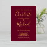 Signature Script Wedding Burgundy And Gold<br><div class="desc">Featuring real gold foil and signature style names,  this elegant wedding invitation can be personalised with your information in chic lettering. Designed by Thisisnotme©</div>