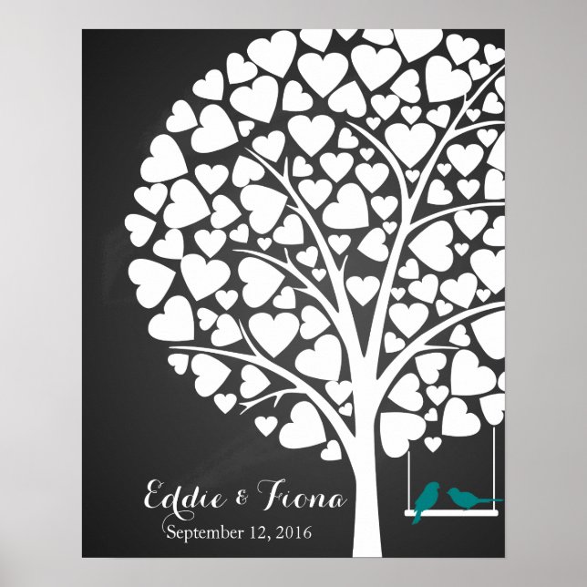 signature wedding guest book tree bird teal (Front)
