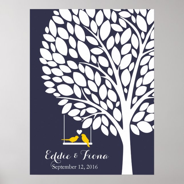 signature wedding guest book tree bird yellow (Front)