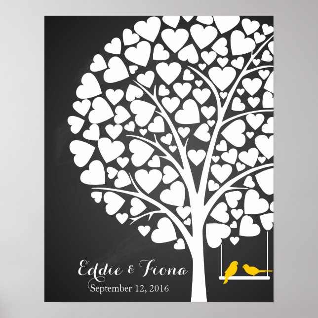 signature wedding guest book tree bird yellow (Front)
