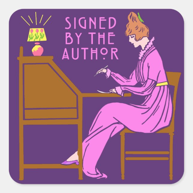 Signed By the Author Book Signing Lady in Pink Square Sticker (Front)