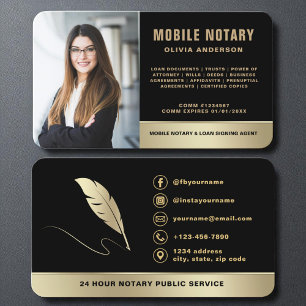 Signing Agent Mobile Notary Photo Black & Gold Business Card