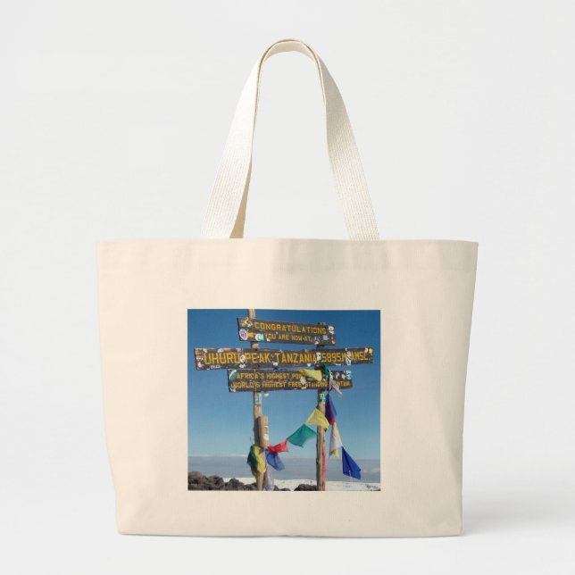 Signpost  on the  Summit of Kilimanjaro kenya Large Tote Bag (Front)