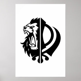 Sikh symbol khanda with Half Lion Face  Poster