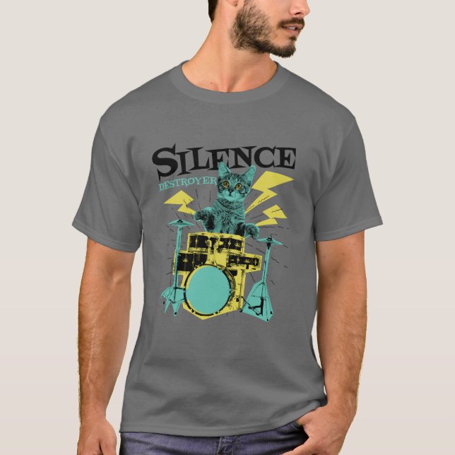 Silence Destroyer Cute Cat Playing Drums T-Shirt (Front)