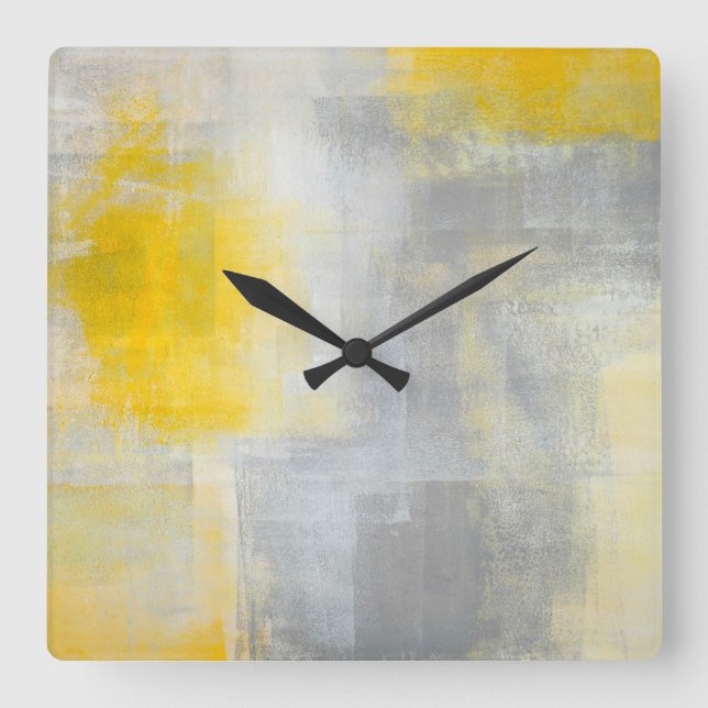 'Silence' Grey and Yellow Abstract Art Square Wall Clock (Front)