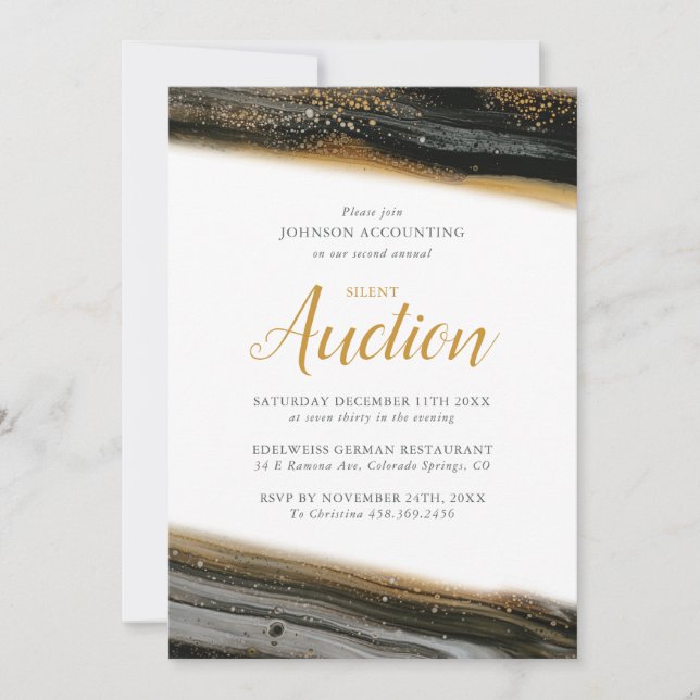 Silent Auction Invitation Black Gold Marble (Front)