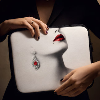 Silent Beauty – Monochrome Charcoal Art with Red Laptop Sleeve