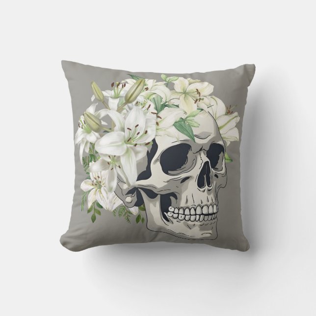 Silent Bloom: Skull & White Lilies Cushion (Front)