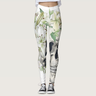 Silent Bloom: Skull & White Lilies Leggings
