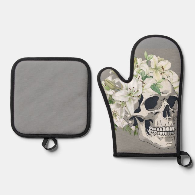 Silent Bloom: Skull & White Lilies Oven Mitt & Pot Holder Set (Front)