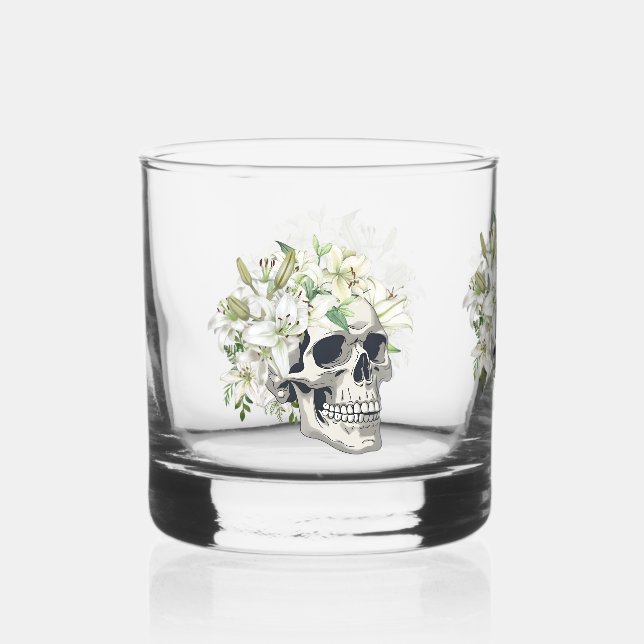 Silent Bloom: Skull & White Lilies Whiskey Glass (Front)
