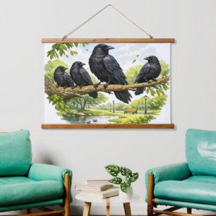 Silent Gathering – Crows on a Park Branch Hanging Tapestry
