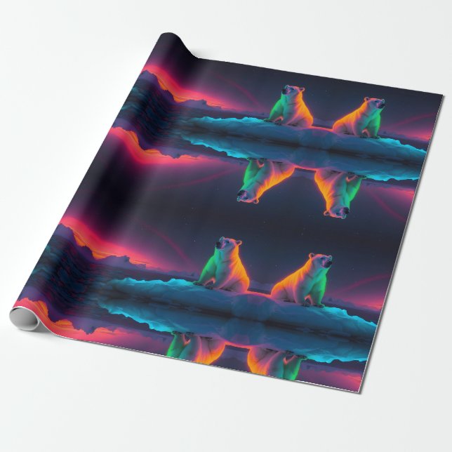 Silent Majesty: Polar Bear Under Northern Lights Wrapping Paper (Unrolled)