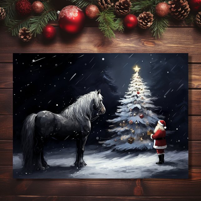 Silent Night - Beautiful Horse and Santa Christmas Holiday Card (Front - Silent Night - Beautiful Horse and Santa Christmas Holiday Card)