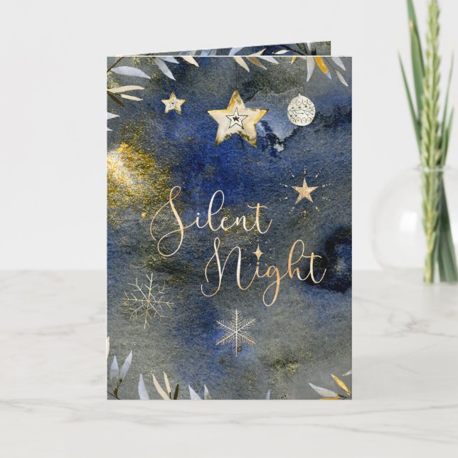 Silent Night Blue Gold Festive Holiday Watercolor Card (Front)
