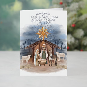Silent Night Christmas Nativity Watercolor Foil Holiday Card