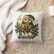 Silent Night Christmas Owl Holiday Throw Pillow