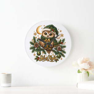 Silent Night Christmas Owl Holiday Wall Clock