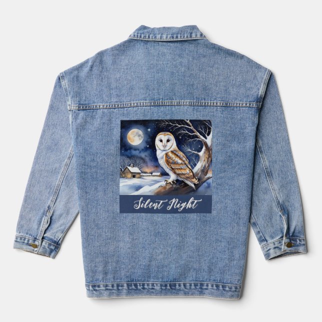 Silent Night Christmas Snow Scene Barn Owl Denim Jacket (Back)