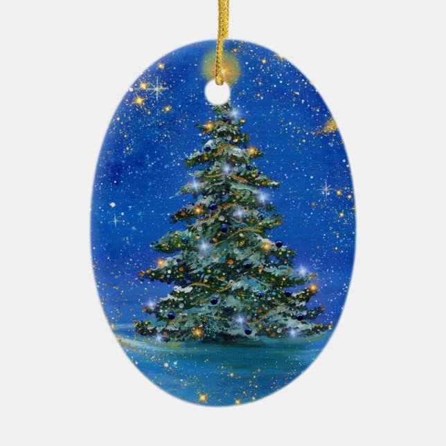 Silent night Christmas tree by Renee Lavoie Ceramic Tree Decoration (Front)
