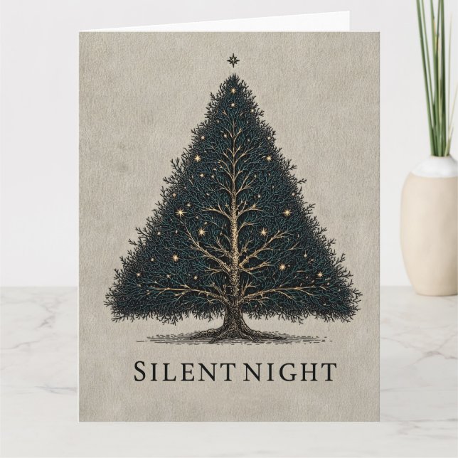 "Silent Night" Christmas Tree Illustration  Card (Front)