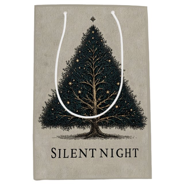 "Silent Night" Christmas Tree Illustration  Medium Gift Bag (Front)
