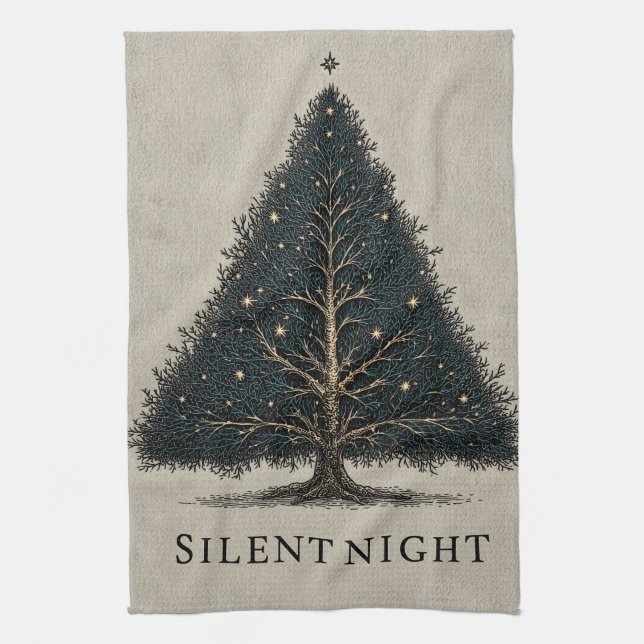 "Silent Night" Christmas Tree Illustration  Tea Towel (Vertical)