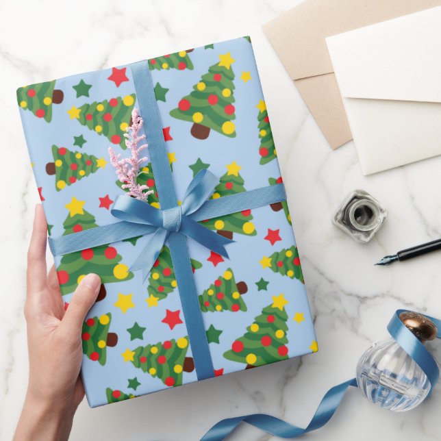 Silent Night Christmas Trees & Stars Light Blue Wrapping Paper (Gifting)