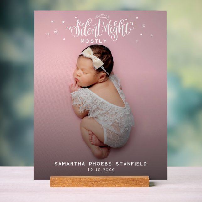 Silent Night Cute Christmas Baby Birth Photo Acrylic Sign (Neutral)