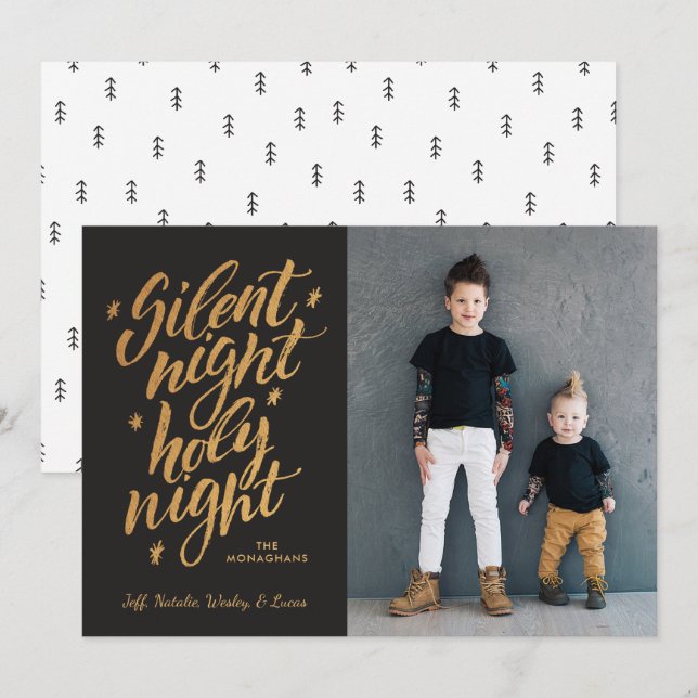 Silent Night Faux Gold Foil Christmas Photo Black Holiday Card (Front/Back)